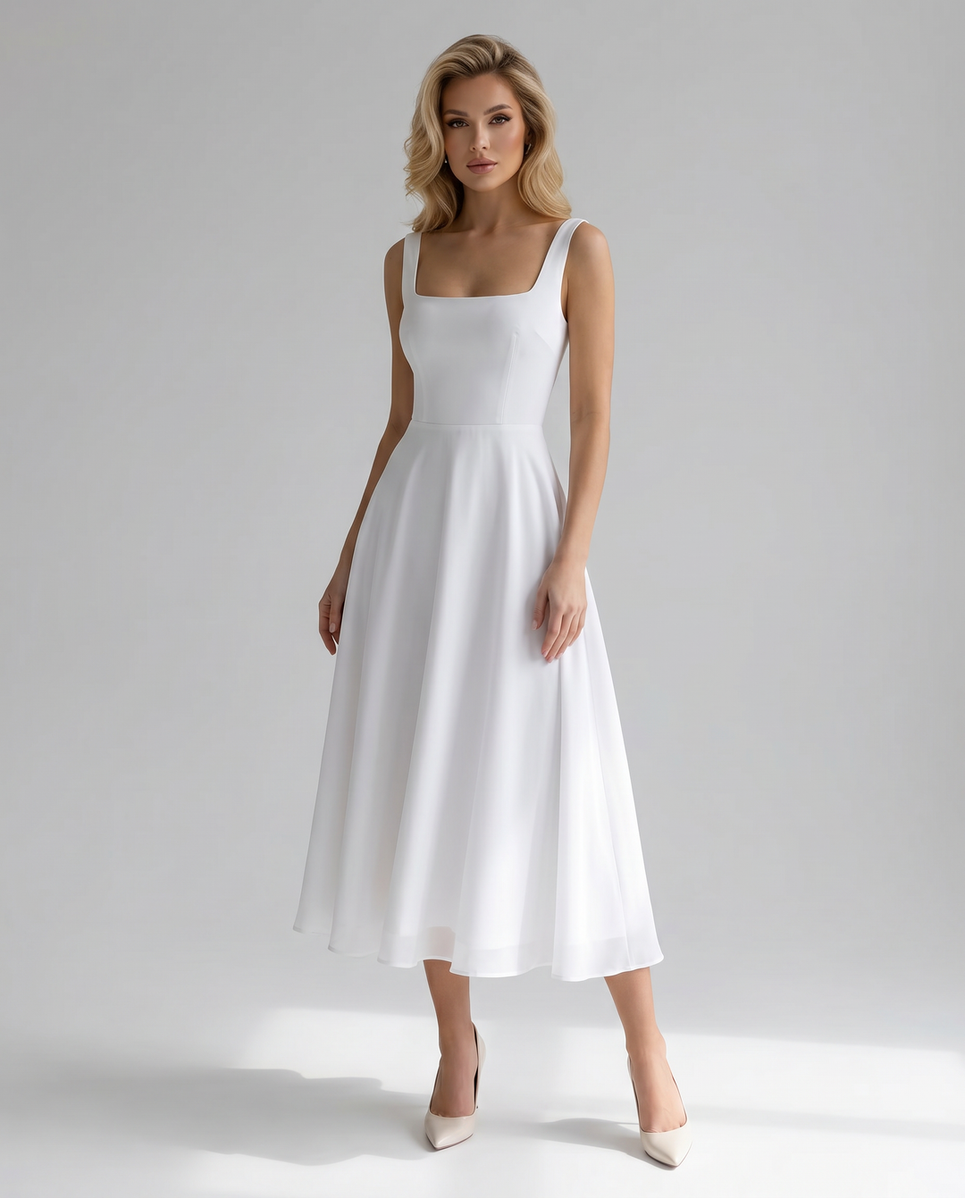 Comfortable women's A-line midi dress with square neck. Versatile for summer events, day to night, or wedding guests.