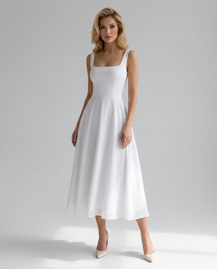 Comfortable women's A-line midi dress with square neck. Versatile for summer events, day to night, or wedding guests.