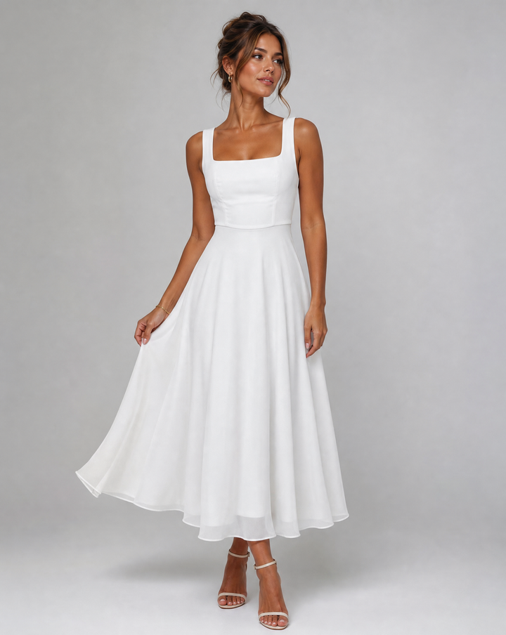 Sophisticated A-line midi dress for women. A perfect elegant summer dress, comfortable for any special occasion.