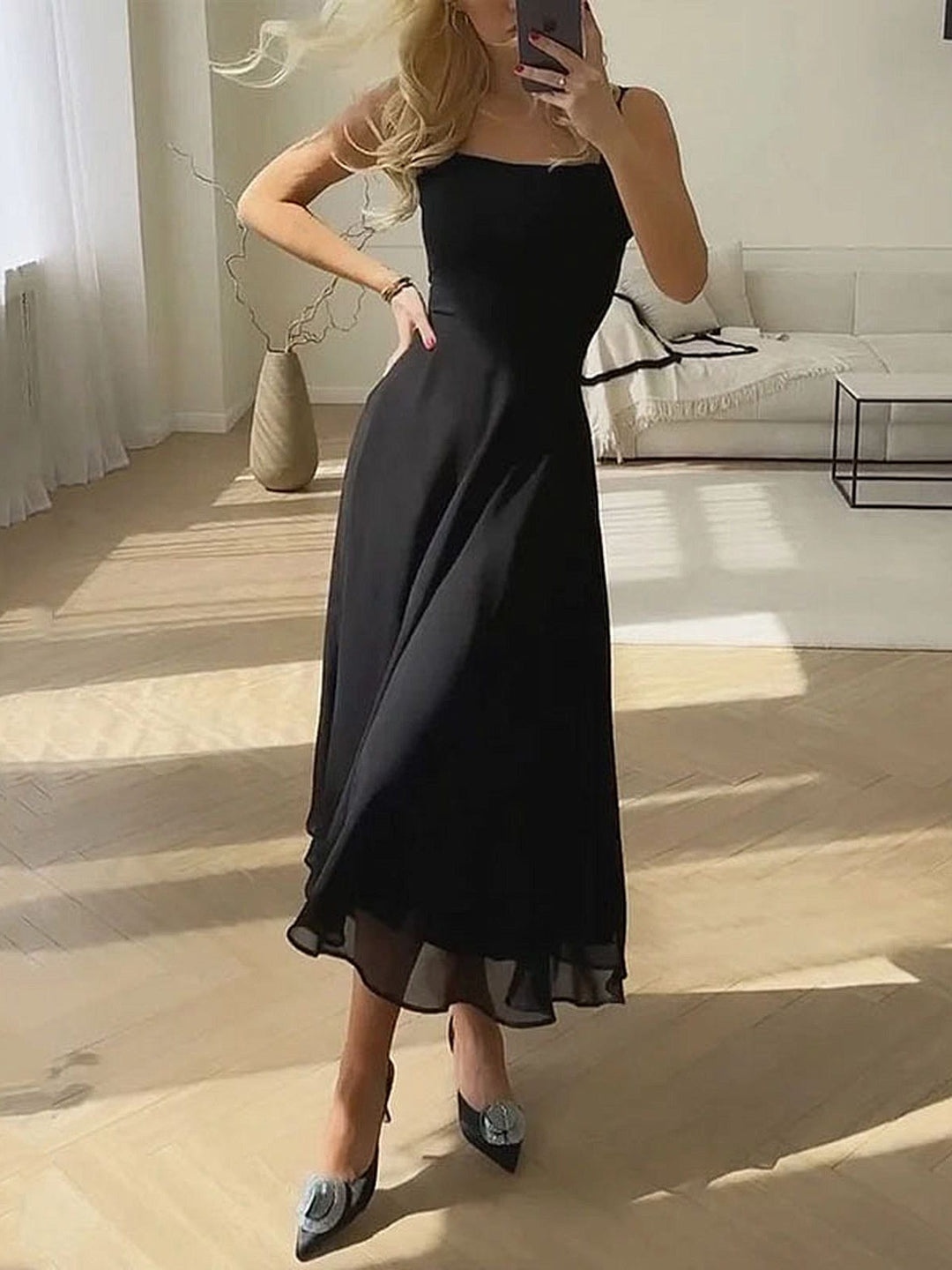 Women's elegant A-line midi dress for summer. Ideal for wedding guests & formal events, offering comfort & style.
