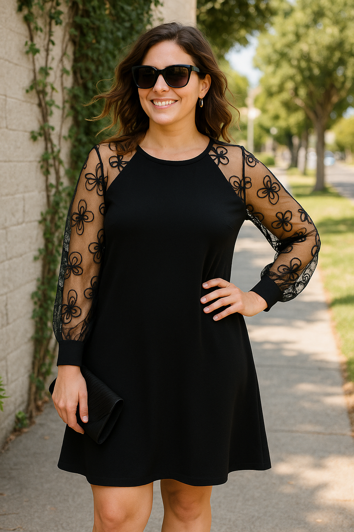 Chic formal A-line dress for women featuring delicate sheer embroidered sleeves, ideal for parties & cocktails.