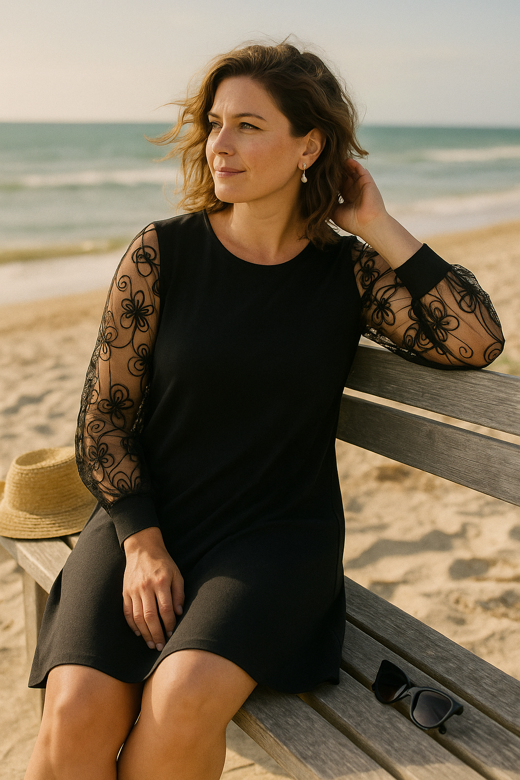 Sophisticated women's midi A-line dress, formal wear with sheer embroidered sleeves for evening events.
