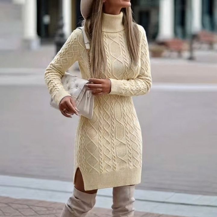 Elegant women's apricot turtleneck long sleeve midi knit dress, perfect for winter fashion and evening wear.