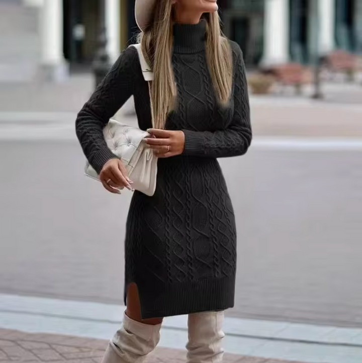 Stylish black knit midi dress with a comfortable turtleneck and long sleeves, ideal for elegant winter outfits.