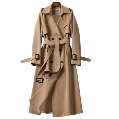 Elegant Women's Astra double-breasted trench coat, long classic outerwear for fall & winter fashion.