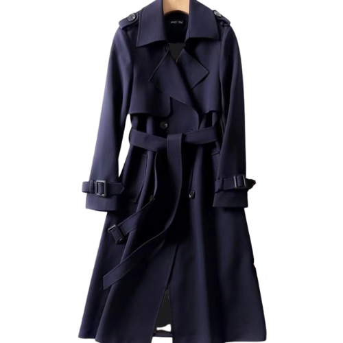 Women's classic double-breasted long trench coat, elegant and sophisticated outerwear for fall & winter.