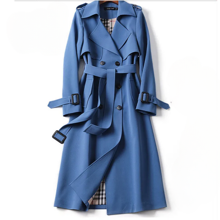 Stylish Astra women's double-breasted long trench coat, elegant outerwear for sophisticated fall & winter looks.