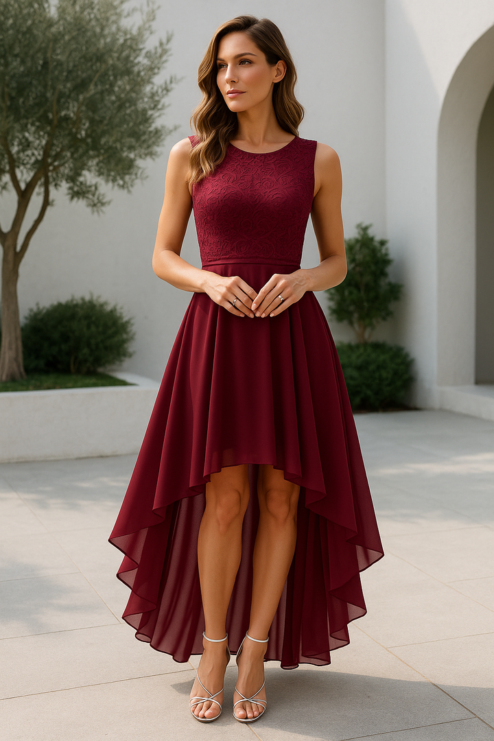 Model wearing an elegant asymmetrical midi evening gown, perfect for a chic party or special occasion.