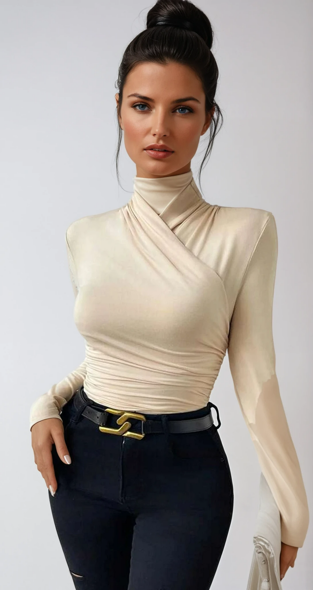 Elegant women's black draped crossover long sleeve top, perfect for chic day to night fashion.