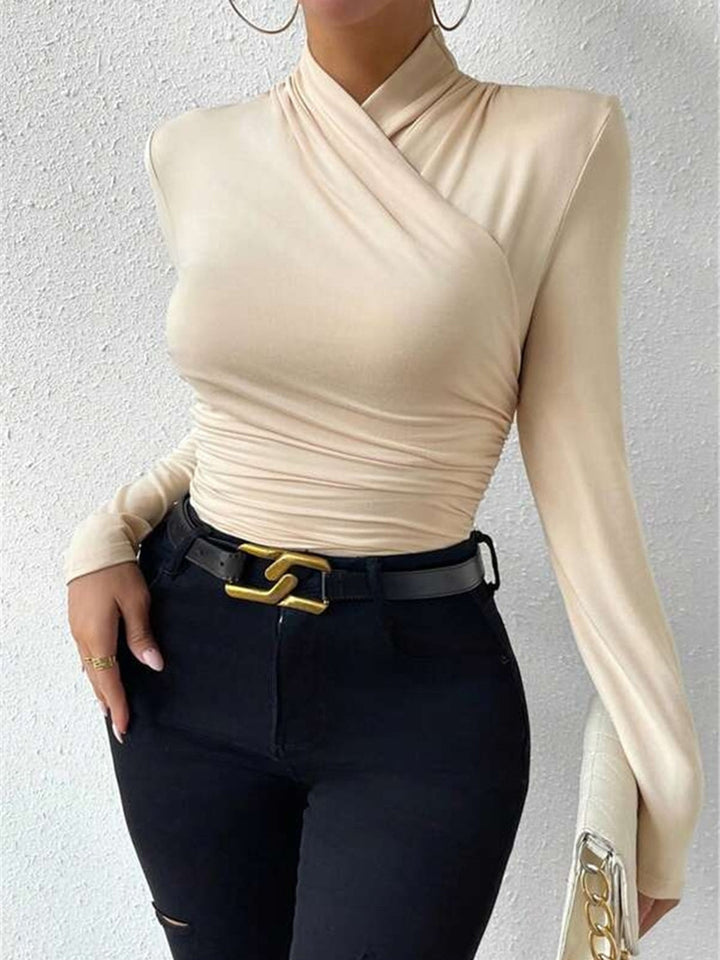 Chic beige draped crossover long sleeve top for women, an effortless winter fashion essential.