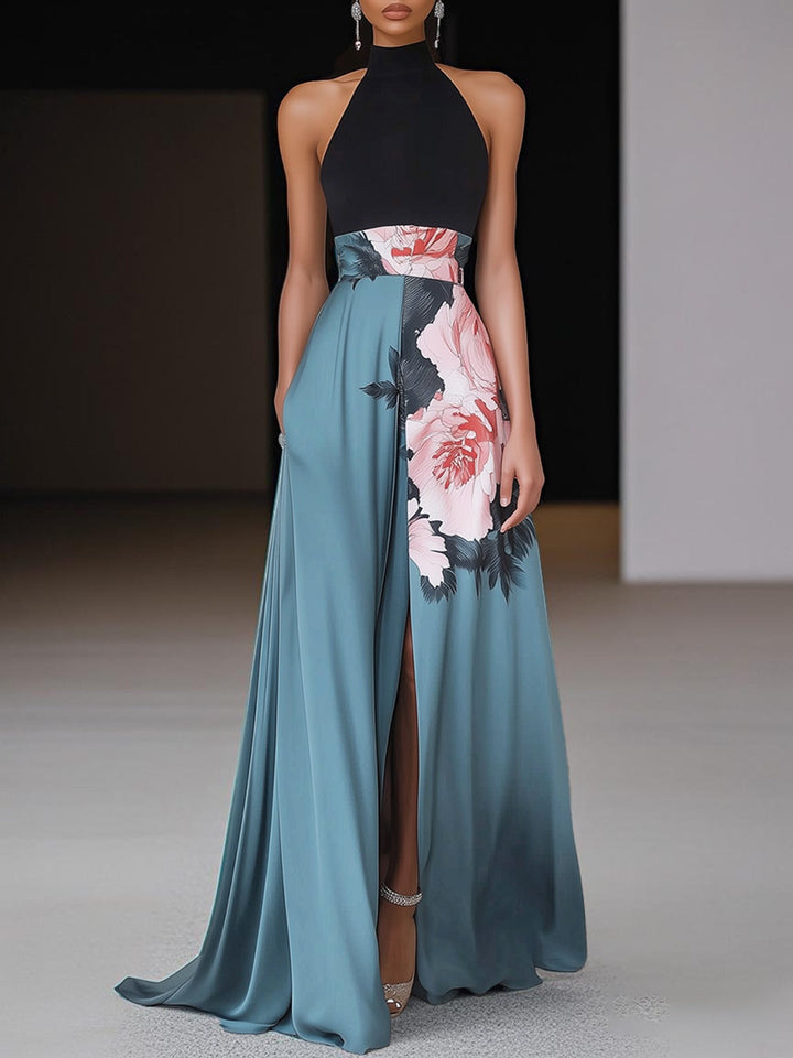 Elegant women's black floral maxi dress with a stylish slit and sleeveless design, perfect for evening wear.
