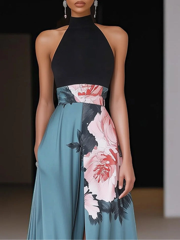Women's black floral A-line maxi dress featuring an elegant slit and sleeveless cut, ideal for summer parties.