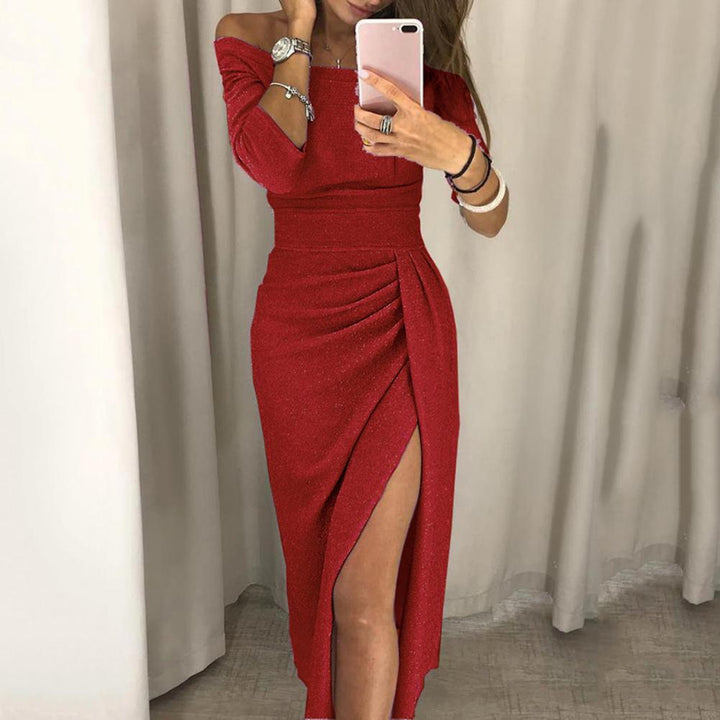 Elegant women's black midi dress with long sleeves, perfect for formal events or sophisticated casual wear. Flattering design.
