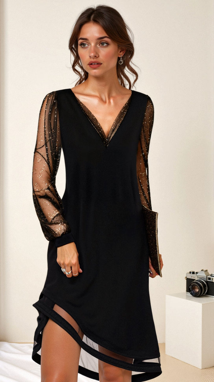 Stylish women's formal mini dress with shimmering fabric & sheer sleeves, ideal for cocktail parties.
