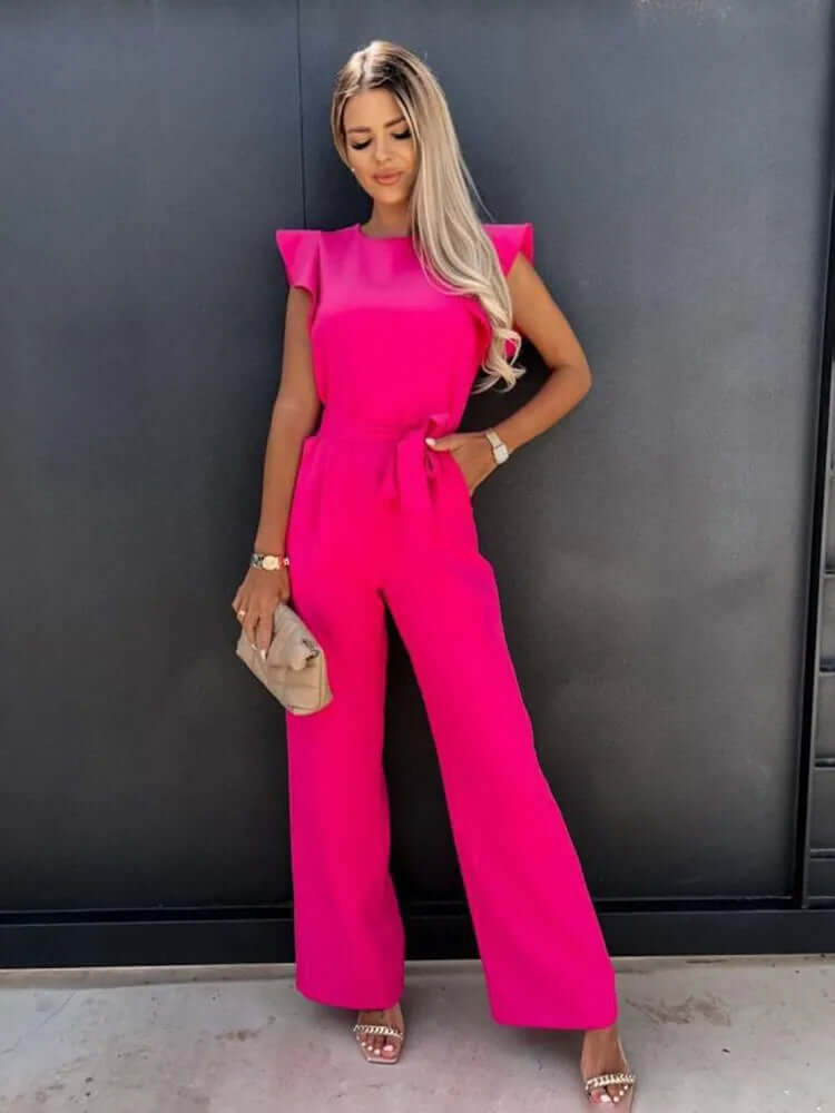 Stylish black wide-leg jumpsuit for women, with elegant ruffled sleeves. Comfortable & chic womens apparel.