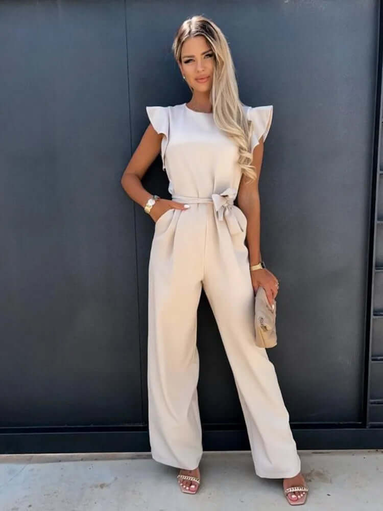 Comfortable women's wide-leg jumpsuit with elegant ruffled sleeves, ideal for chic, versatile everyday style.