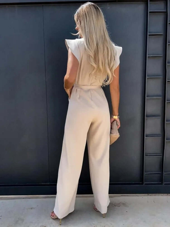 Versatile elegant wide-leg jumpsuit for women with ruffled sleeves, perfect for events & stylish comfort.
