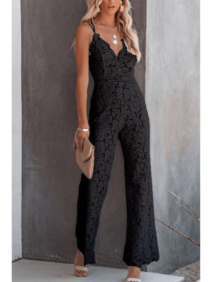 Black elegant wide leg jumpsuit for women, featuring a stunning lace back design, ideal for formal parties.