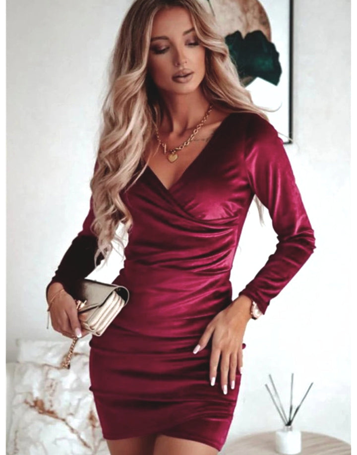 Chic ruched V-neck mini party dress for women, with long sleeves & wrap front. A stunning elegant cocktail dress.