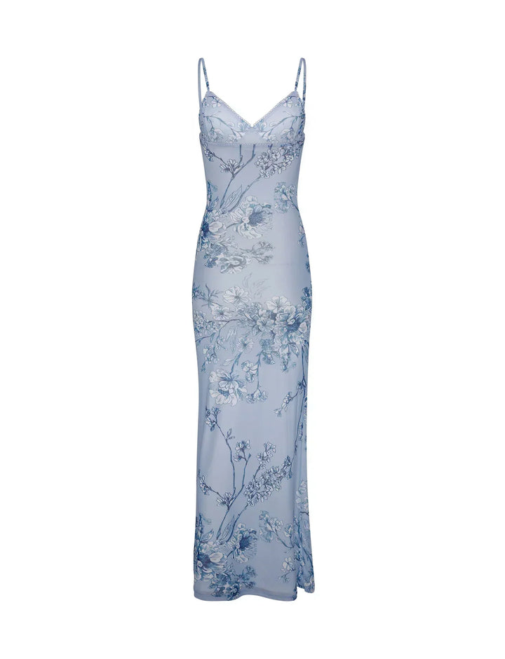 Beautiful women's floral lace party dress in blue, an elegant A-line design for spring & summer evening wear.