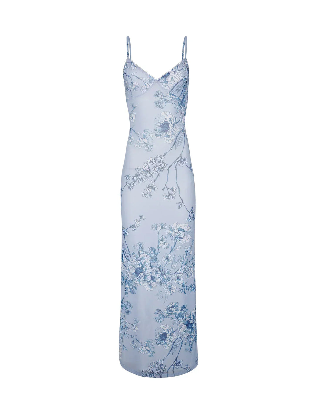 Elegant women's blue floral lace A-line evening dress, suitable for sophisticated cocktail parties & formal wear.