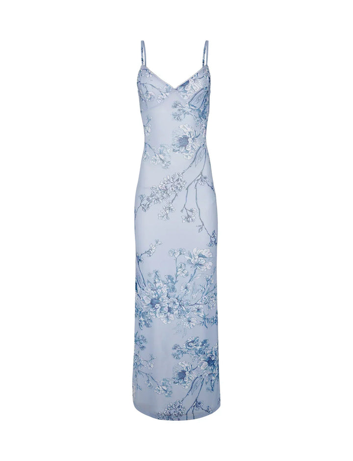 Elegant women's blue floral lace A-line evening dress, suitable for sophisticated cocktail parties & formal wear.
