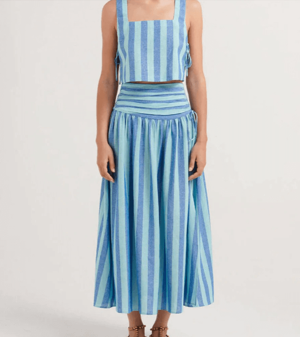 Stylish women's blue lace top & flowing pleated midi skirt ensemble, an elegant fashion statement for any occasion.