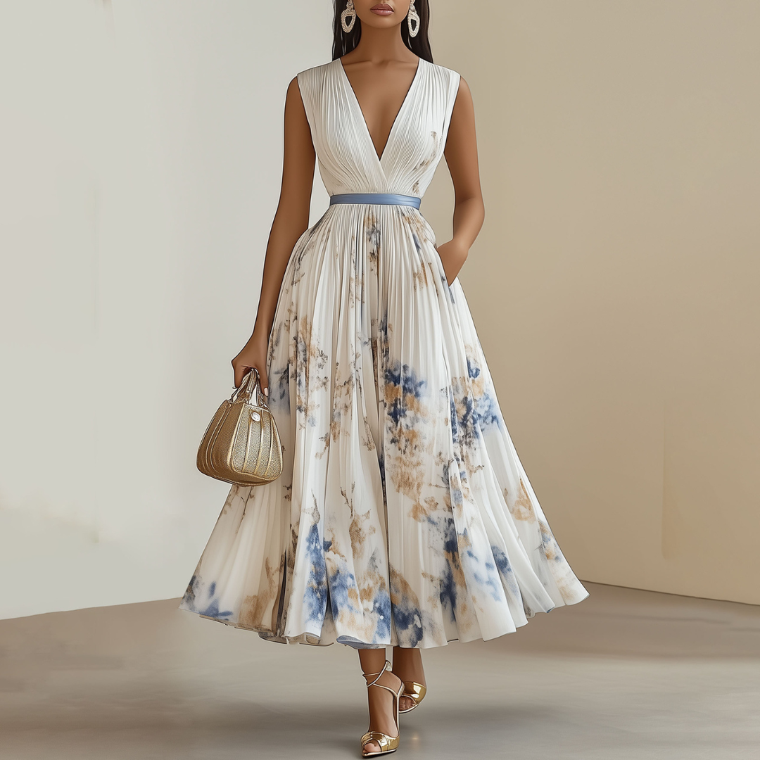 Elegant women's blue & white floral maxi dress with v-neck, perfect for special occasions & formal parties.