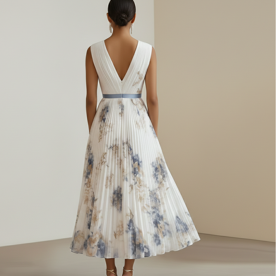 Chic women's blue & white floral V-neck maxi dress, elegant and sleeveless, great for parties and formal events.