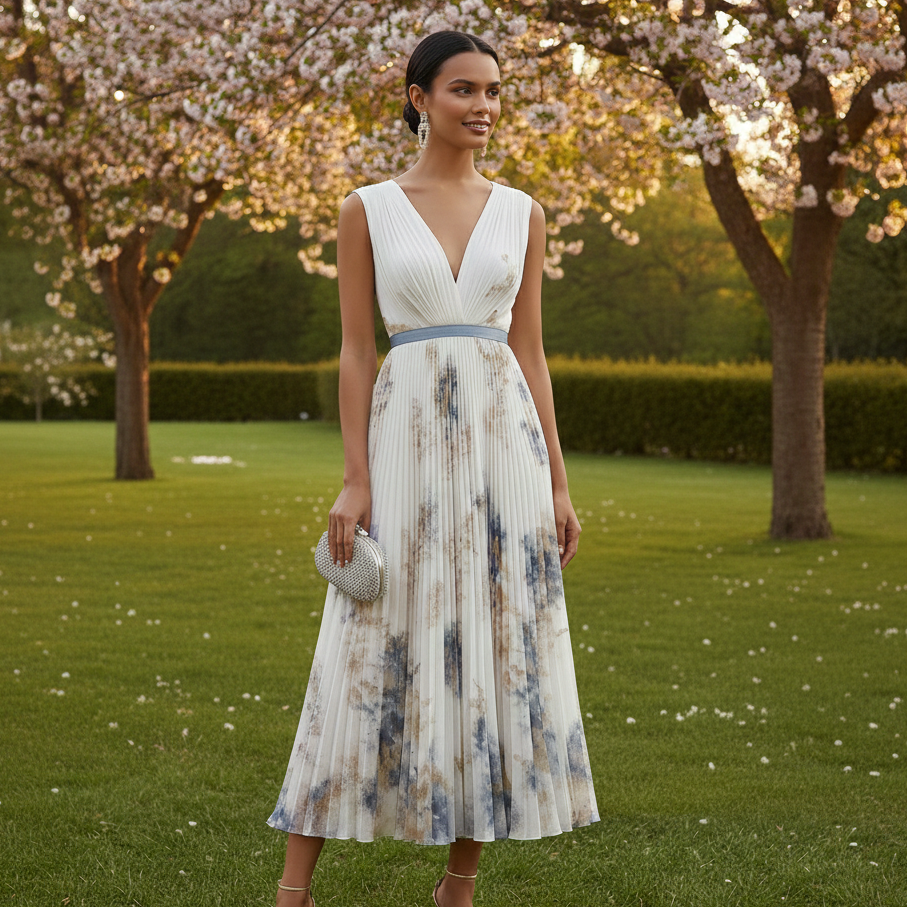 Stylish women's blue & white floral pleated maxi dress, sleeveless, versatile for elegant parties and events.