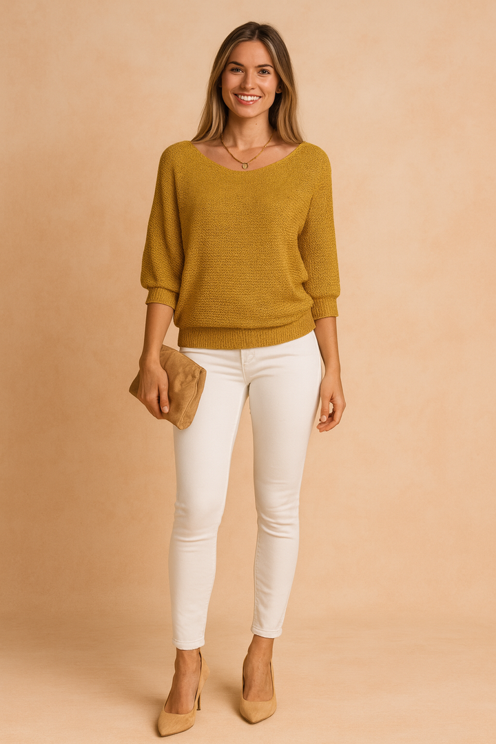 Women's elegant boat neck sweater, a versatile half-sleeve knit top for comfortable, casual chic outfits.