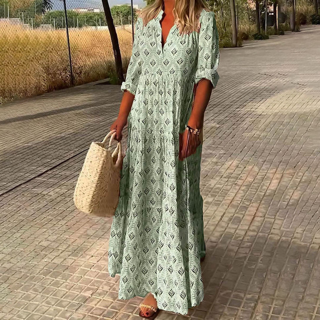 Flowy boho maxi dress for women, ideal for summer beach trips or casual wear. Comfortable & elegant long dress.