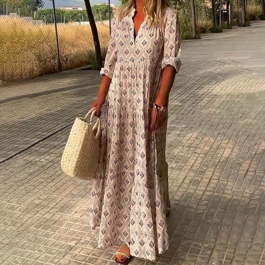 Women's versatile flowy maxi dress in elegant boho style. Perfect comfortable long dress for summer & vacation.