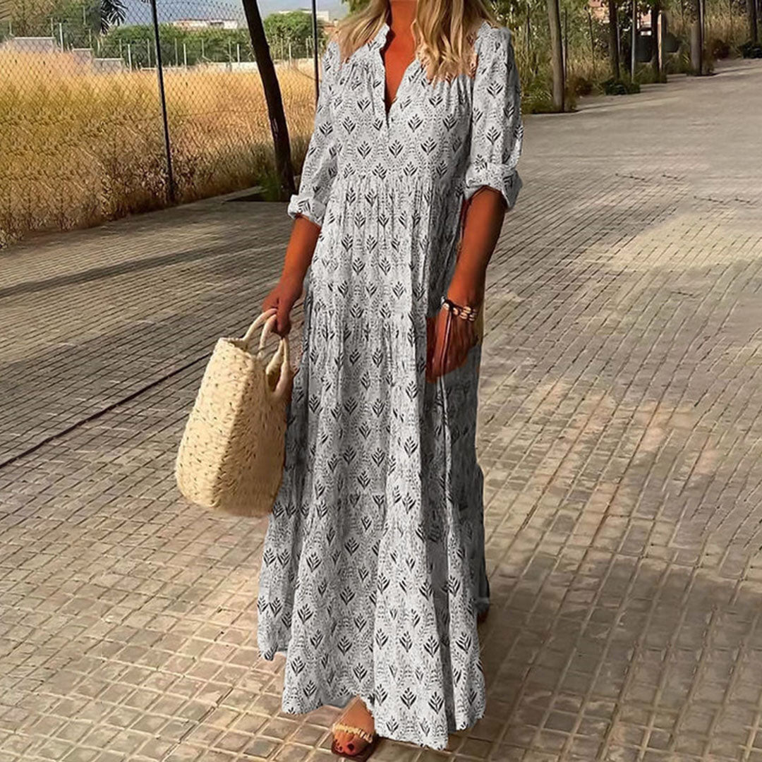 Chic women's flowy boho maxi dress. Elegant design, comfortable for summer, beach, vacation, or casual wear.