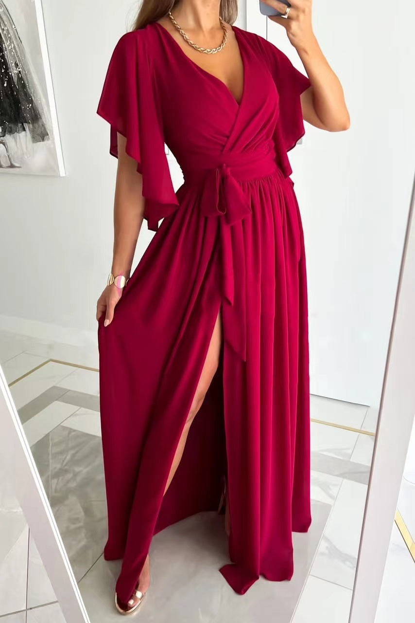 Versatile women's formal wrap maxi dress with flutter sleeves, a perfect choice for bridesmaids or evening wear.