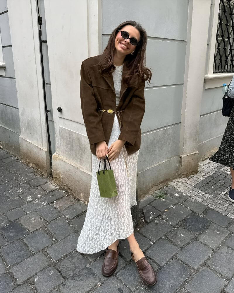 Comfortable women's classic brown suede jacket, timeless and chic outerwear fashion.