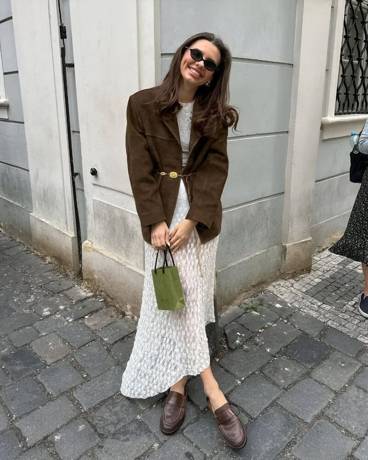 Comfortable women's classic brown suede jacket, timeless and chic outerwear fashion.