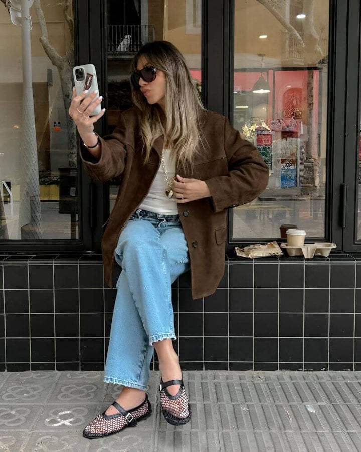 Soft brown suede jacket for women, elegant and chic, perfect classic outerwear fashion.