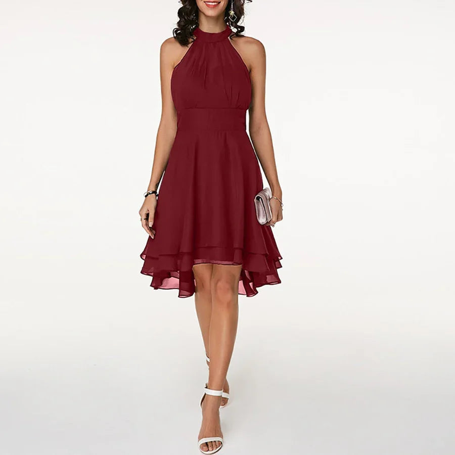 Elegant women's burgundy halter neck ruffle hem midi cocktail dress for parties & special occasions.