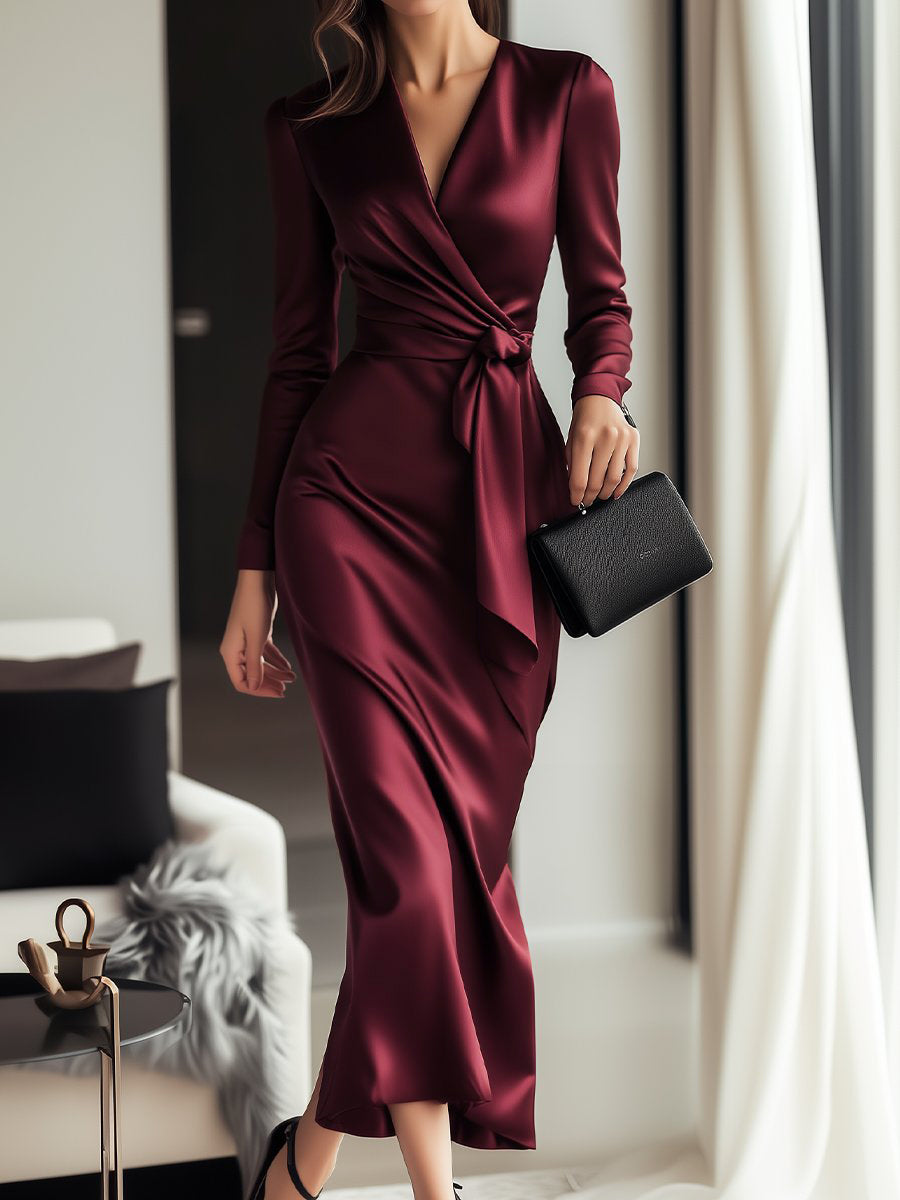 Elegant women's burgundy long sleeve cinch waist maxi dress, ideal for formal parties or evening events.