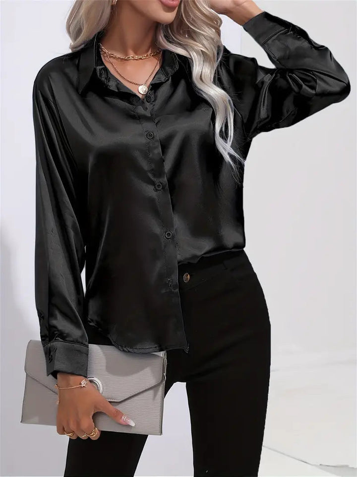 Chic women's button-down blouse, long sleeve, versatile office wear.