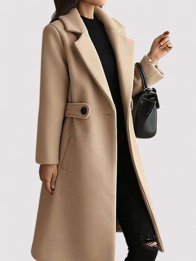 Chic red women's long wool winter coat featuring a flattering belt. Warm outerwear, perfect for cold weather.