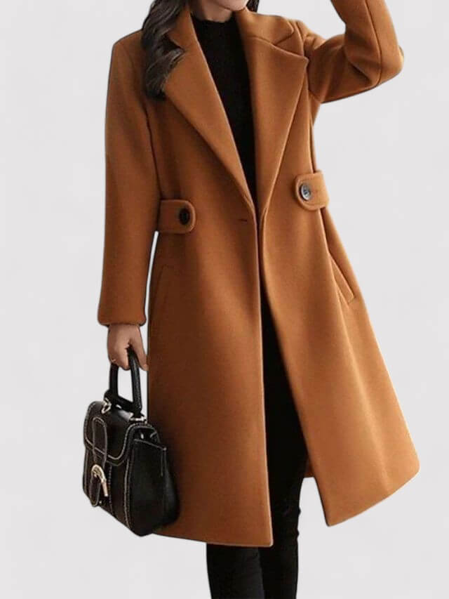 Fashionable women's belted wool coat in camel. Warm & elegant long winter outerwear, a timeless classic.