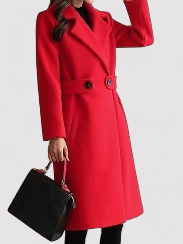 Stylish women's long brown wool winter coat with a matching belt. Elegant and warm outerwear jacket.