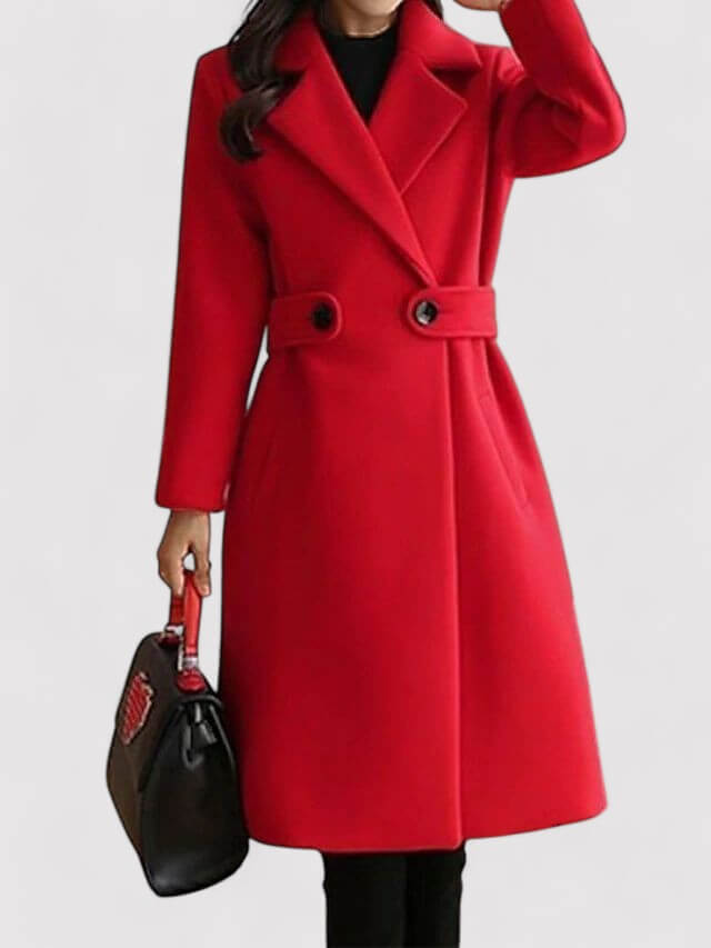 Elegant women's camel wool winter jacket with a flattering belt. Classic warm long coat for stylish outerwear.