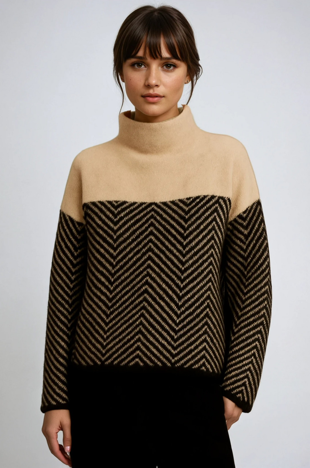 Elegant women's chevron turtleneck sweater, perfect for cozy winter fashion & relaxed fit style.