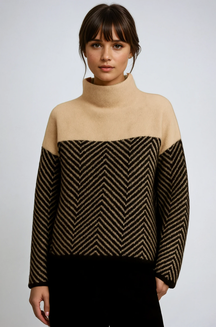 Elegant women's chevron turtleneck sweater, perfect for cozy winter fashion & relaxed fit style.