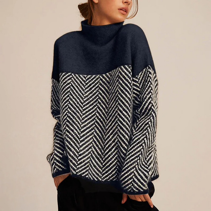 Fashionable women's chevron turtleneck knitwear, offering cozy comfort & an elegant look for winter outfits.