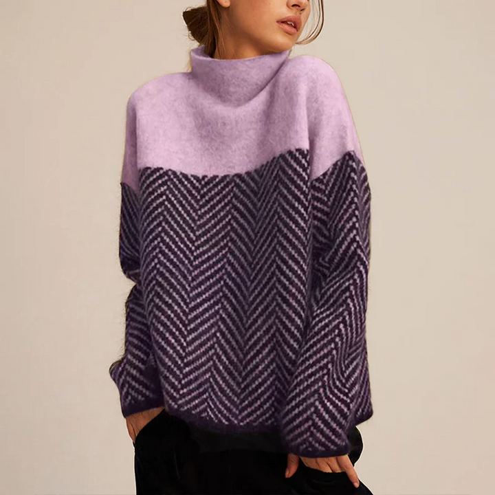 Soft women's chevron turtleneck sweater. A cozy, elegant knitwear piece for versatile cold weather fashion.