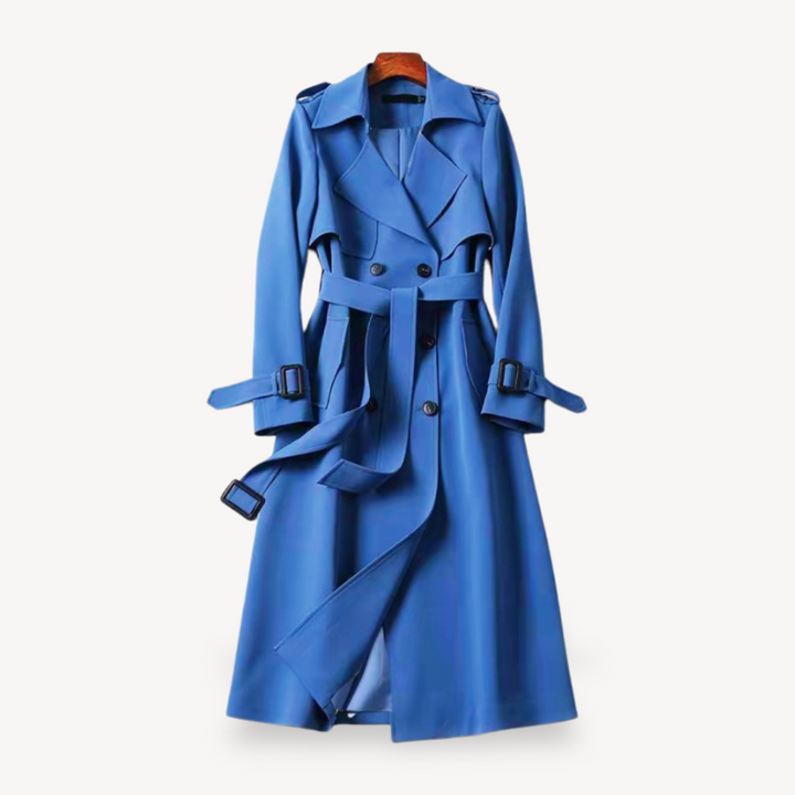 Classic beige women's cotton trench coat with a stylish belt, elegant long outerwear for ladies.
